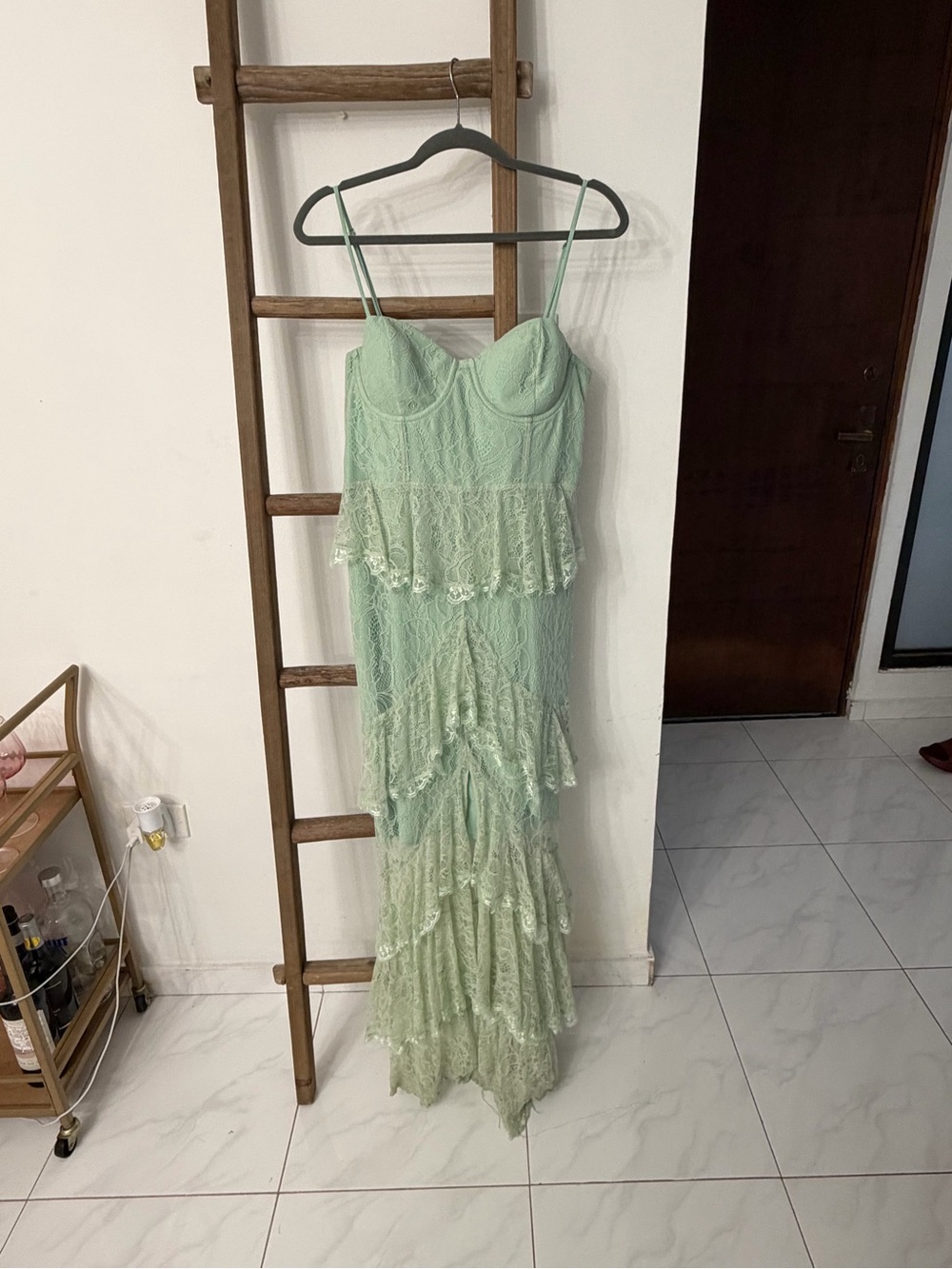 MAJORELLE Mint Green Lace Tiered Maxi Dress